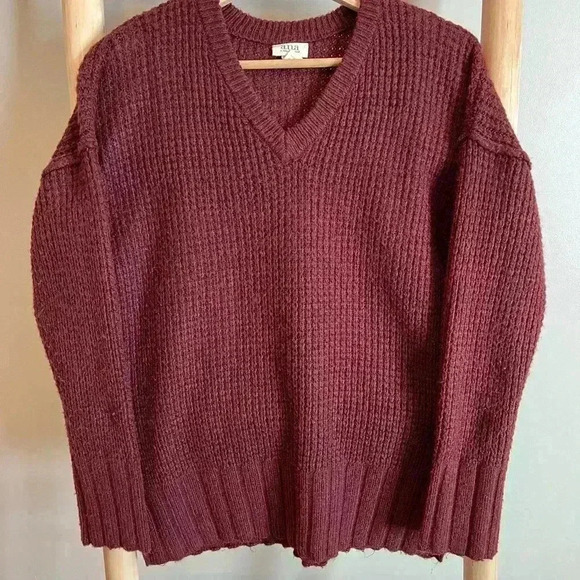 ANA Small Burgundy V Neck Sweater for Women Casual knit Pullover Sweaters - Picture 1 of 8